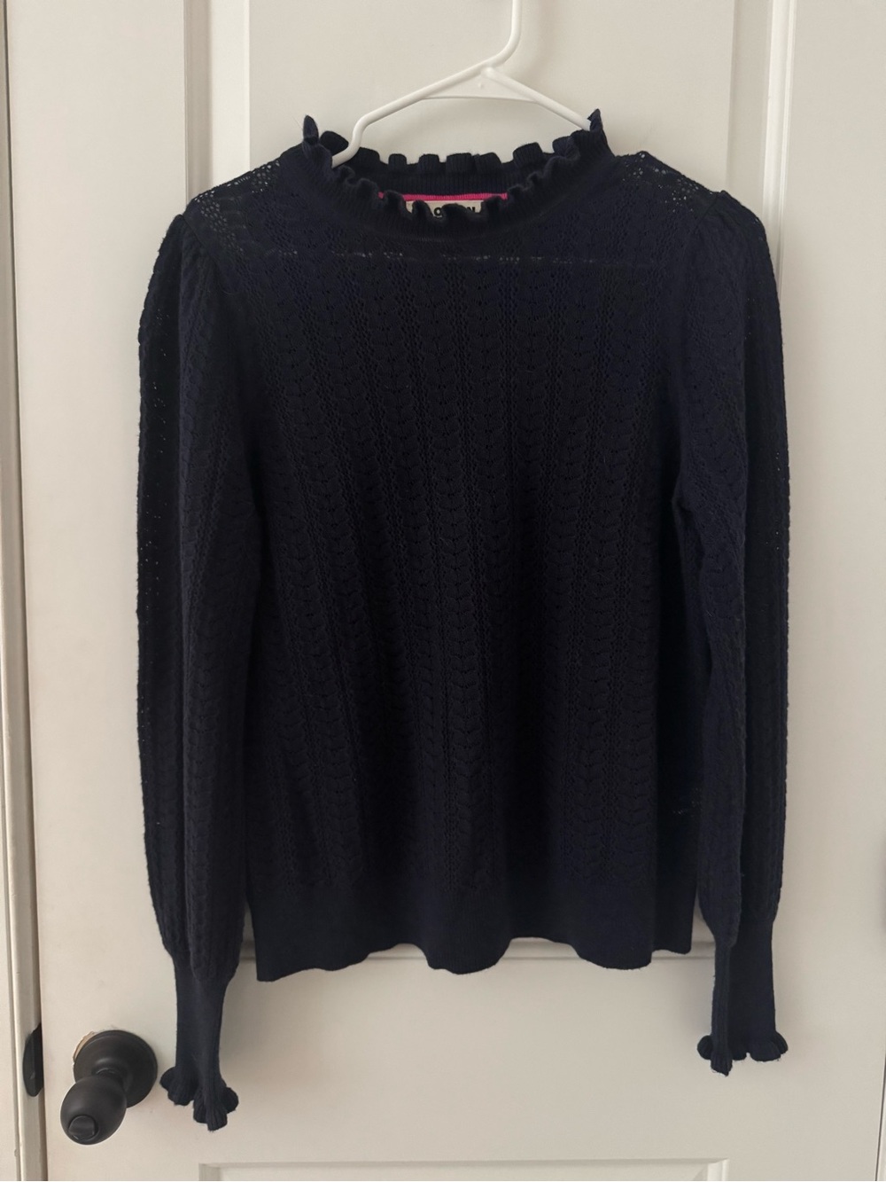 Boden Navy Open-Knit Pointelle Ruffle Neck Turtleneck Sweater M